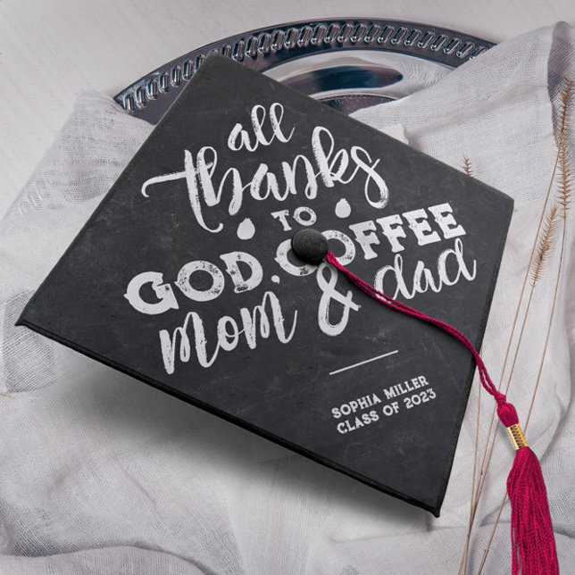 Thanks God Coffee Mom & Dad Black & White Custom Graduation Cap Topper (Creator Uploaded)