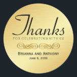 Thanks Gold Wedding Thank You Sticker Seal<br><div class="desc">Sleek gold background creates a luxury wedding sticker. Modern way to thank your guests for celebrating with you at your wedding. The design is all about the typography. Thanks is written in a tall font and it is balanced with for celebrating with us which is written in lighter capitals. A...</div>