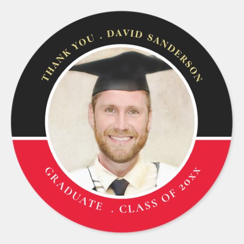 Thanks Grad Name Photo Year Black Red Graduation Classic Round Sticker