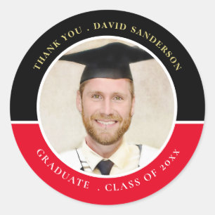 Thanks Grad Name Photo Year Black Red Graduation Classic Round Sticker