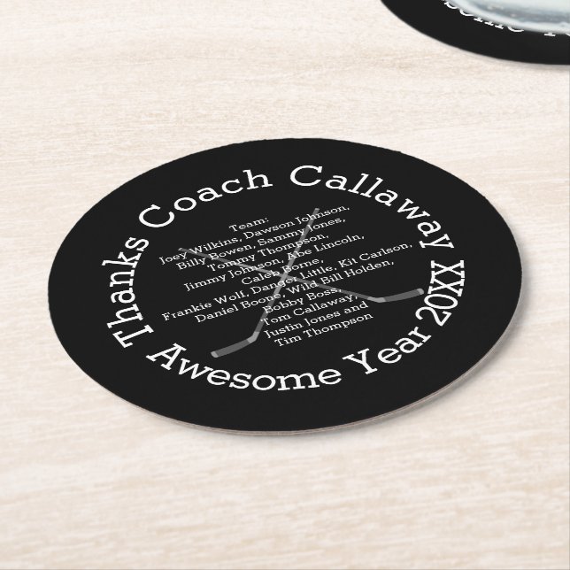 Thanks Hockey Coach with Team Names Round Paper Coaster (Angled)