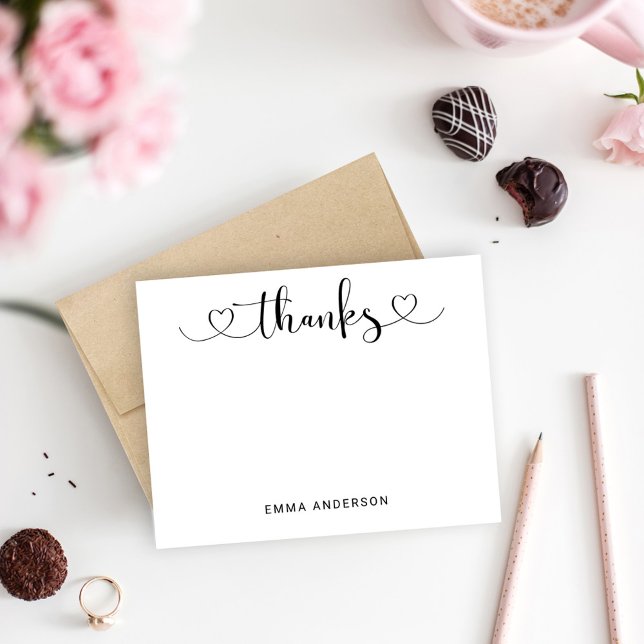 Thanks in Modern Black Heart Script Personalized Thank You Card (Creator Uploaded)