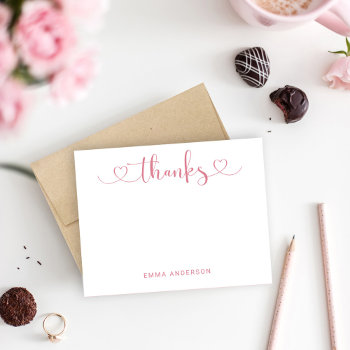 Thanks In Modern Pink Heart Script Personalized Thank You Card by Plush_Paper at Zazzle