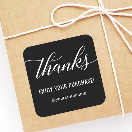 Thanks in White Modern Script Black Thank You Square Sticker