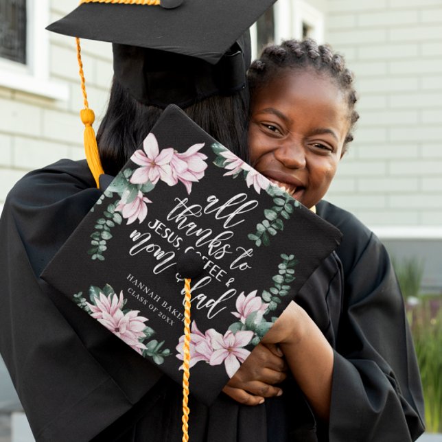 Thanks Jesus | Floral Magnolia Custom Monogram Graduation Cap Topper (Creator Uploaded)