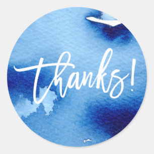 THANKS modern hand lettered blue watercolor Classic Round Sticker