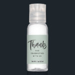 Thanks modern sage green hand sanitizer<br><div class="desc">The perfect way to say thank you no matter what the occasion! This black and sage green hand sanitizer design features a modern brush script thanks along with room for custom text - your names,  your business or more! Perfect for bridal showers,  baby showers,  rehearsal dinners or even weddings!</div>