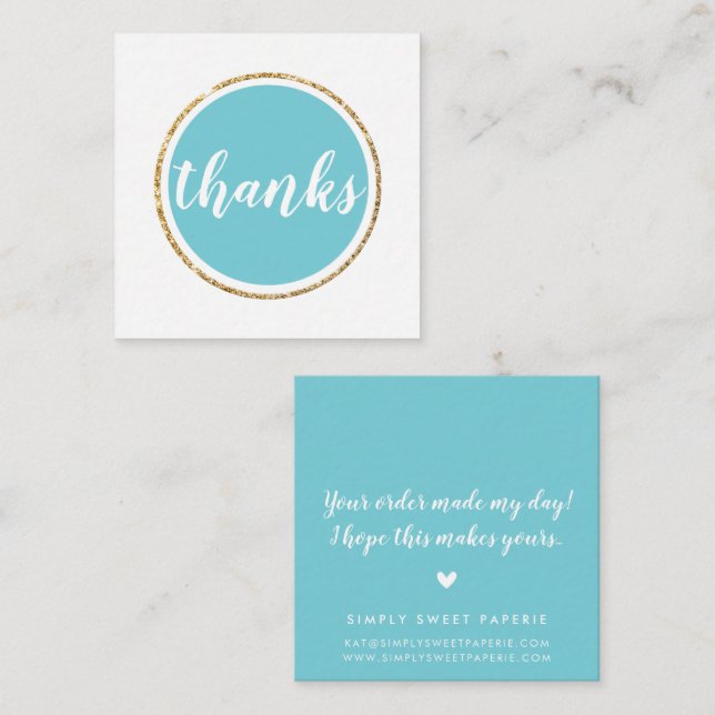 THANKS modern spot hand lettered script aqua blue Square Business Card (Front/Back)