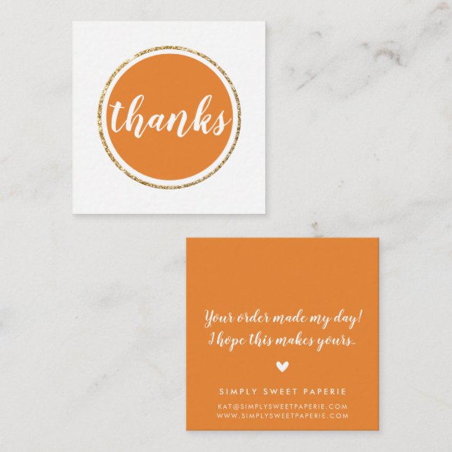 THANKS modern spot hand lettered script orange Square Business Card (Front/Back)