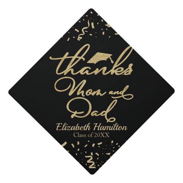 Thanks Mom And Dad Gold Black Calligraphy Graduation Cap Topper (Front)
