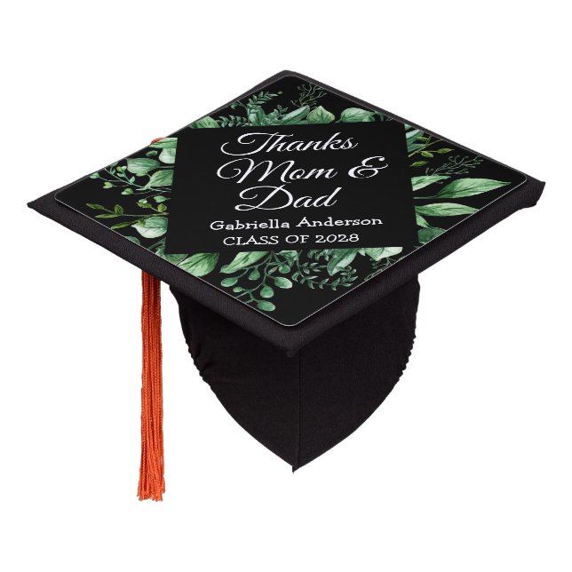Thanks Mom & Dad Personalized Greenery Wreath Graduation Cap Topper (Angled)