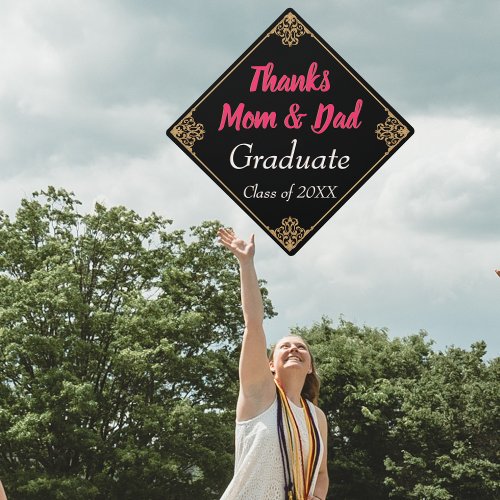Thanks Mom Dad Vintage Pink Black Gold Frame Graduation Cap Topper