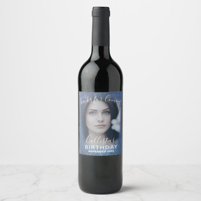 Thanks Navy Blue Glitter Ombre Photo Birthday Wine Label (Front)