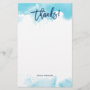 THANKS NOTE modern hand lettered blue watercolor Stationery