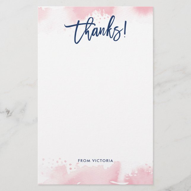 THANKS NOTE modern hand lettered pink watercolor Stationery (Front)