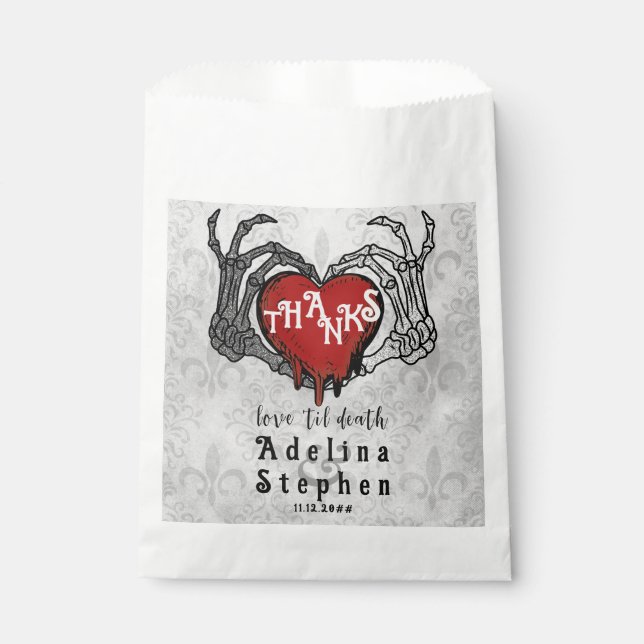 Thanks Skeleton Hands Red Heart Halloween Wedding Favor Bag (Front)