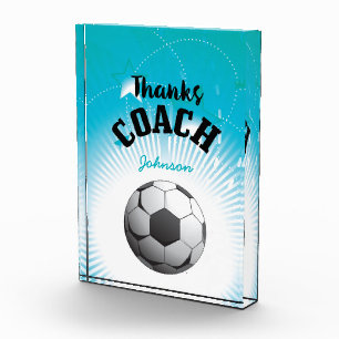 Thanks Soccer Coach Aqua Blue Stars Ball Acrylic Award