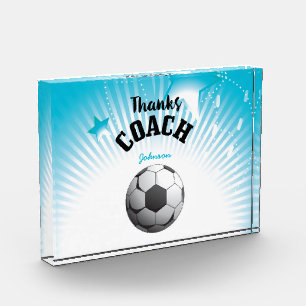 Thanks Soccer Coach Aqua Blue Stars Ball Acrylic Award
