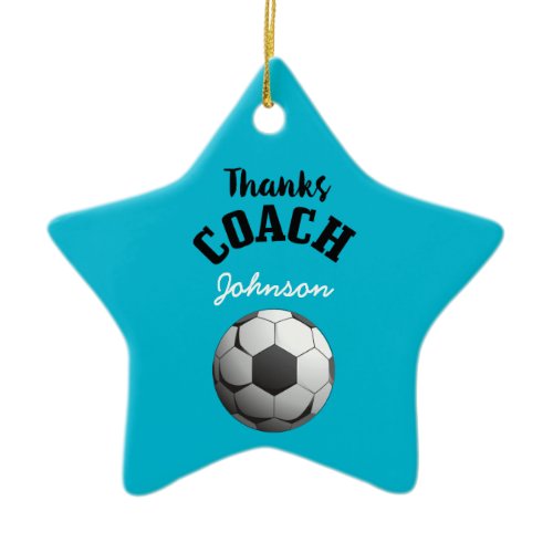 Thanks Soccer Coach Aqua Blue Stars Ball Ceramic Ornament