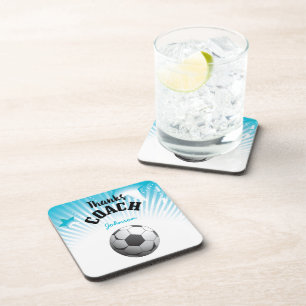 Thanks Soccer Coach Aqua Blue Stars Ball Drink Coaster