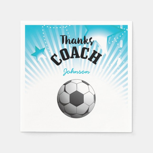 Thanks Soccer Coach Aqua Blue Stars Ball Paper Napkins (Front)