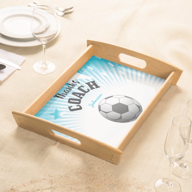 Thanks Soccer Coach Aqua Blue Stars Ball Serving Tray (Front)