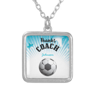 Thanks Soccer Coach Aqua Blue Stars Ball Silver Plated Necklace