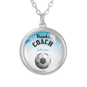 Thanks Soccer Coach Aqua Blue Stars Ball Silver Plated Necklace