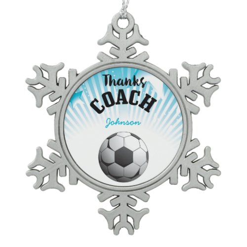 Thanks Soccer Coach Aqua Blue Stars Ball Snowflake Pewter Christmas Ornament