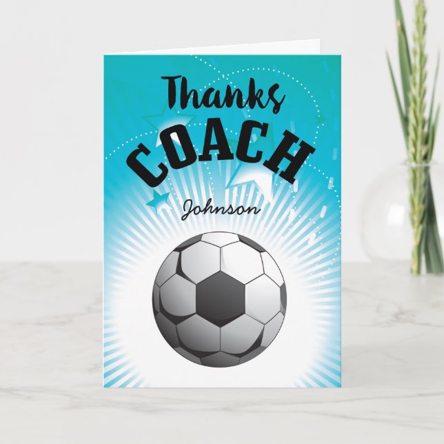 Thanks Soccer Coach Aqua Blue Stars Ball Thank You Card (Front)