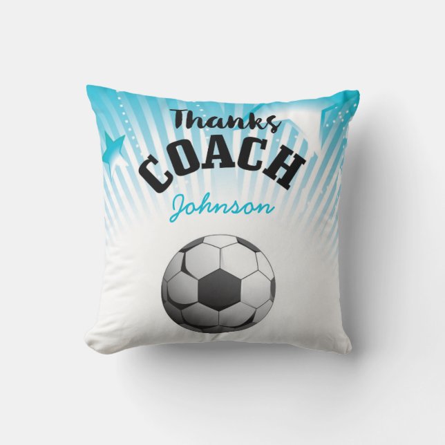 Thanks Soccer Coach Aqua Blue Stars Ball Throw Pillow (Front)