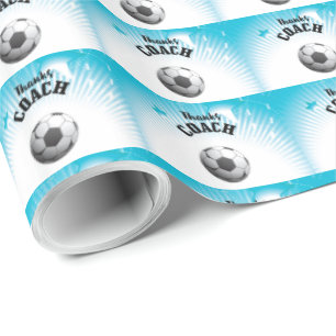 Thanks Soccer Coach Aqua Blue Stars Ball Wrapping Paper