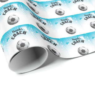 Thanks Soccer Coach Aqua Blue Stars Ball Wrapping Paper