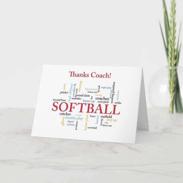 Thanks Softball Coach Words From Group, Team, Red Thank You Card (Front)