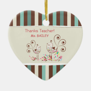 Thanks Teacher, Whimsical Bird Stripe Ceramic Ornament