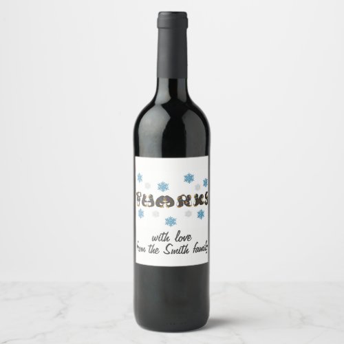 Thanks Thank You Penguin Winter Snowflake Holiday Wine Label