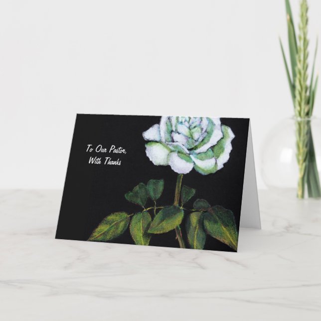 Thanks To Pastor: Single White Rose on Black, Art Thank You Card (Front)