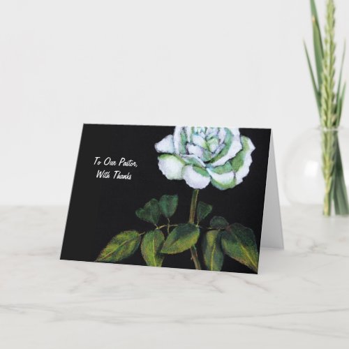 Thanks To Pastor Single White Rose on Black Thank You Card