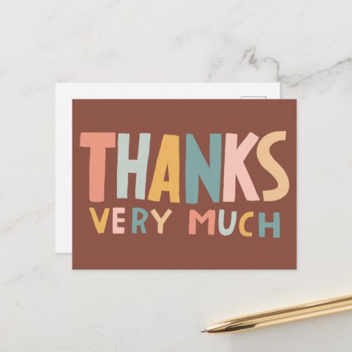 THANKS VERY MUCH Colorful Pastel Handlettered Cute Postcard