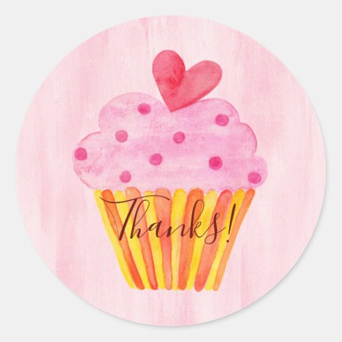 Thanks watercolor cupcake pink thank you classic round sticker
