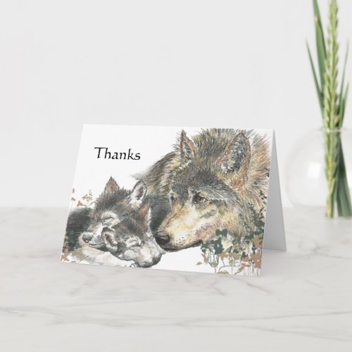 Thanks Watercolor Wolf  Cubs Animal Art Thank You Card