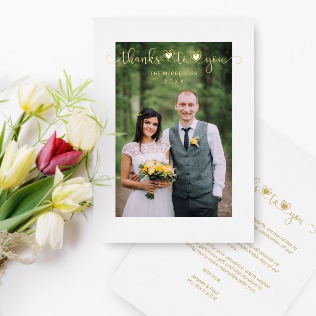 Thanks Wedding Golden Heart Whimsical Script Foil Invitation (Creator Uploaded)