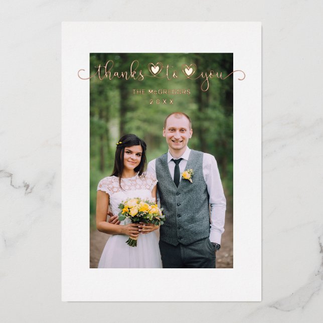 Thanks Wedding Rose Gold Heart Whimsical Script Foil Invitation (Front)