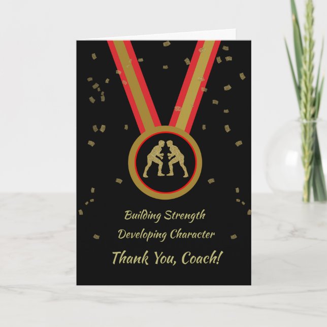 Thanks Wrestling Coach Black Gold and Red Medal Card (Front)