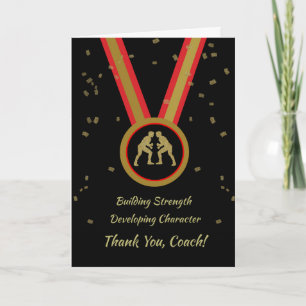 Thanks Wrestling Coach Black Gold and Red Medal Card