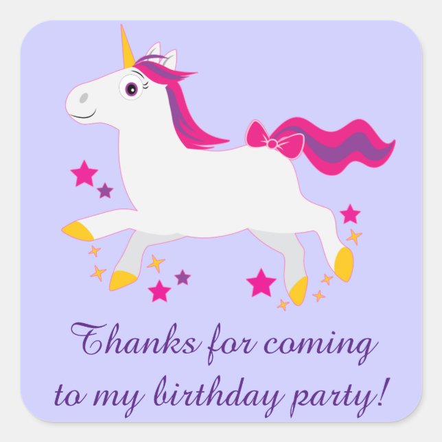 Thanks You for Coming Birthday Party with Unicorn Square Sticker (Front)