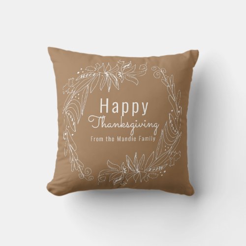 Thanksgiving Acorn Wreath Hand Drawn Illustration Throw Pillow