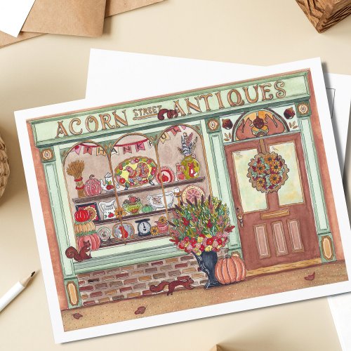 Thanksgiving Antique Shop Watercolor Postcard