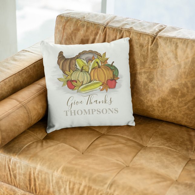 Thanksgiving Autumn Cornucopia Personalized Throw Pillow (Give Thanks a customized watercolor cornucopia throw pillow. )