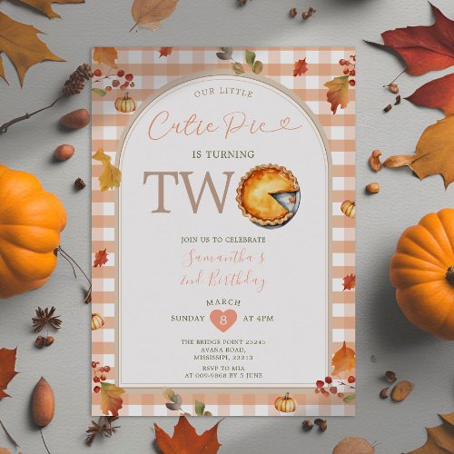 ThanksGiving Autumn Cutie Pie Gingham 2nd Birthday Invitation